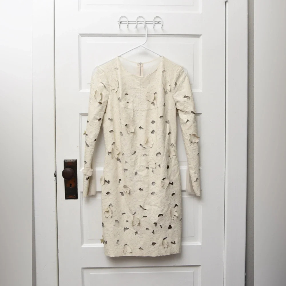 BCBGMaxazriah Jillea embroidered cut out faux leather dress cream size 2‎